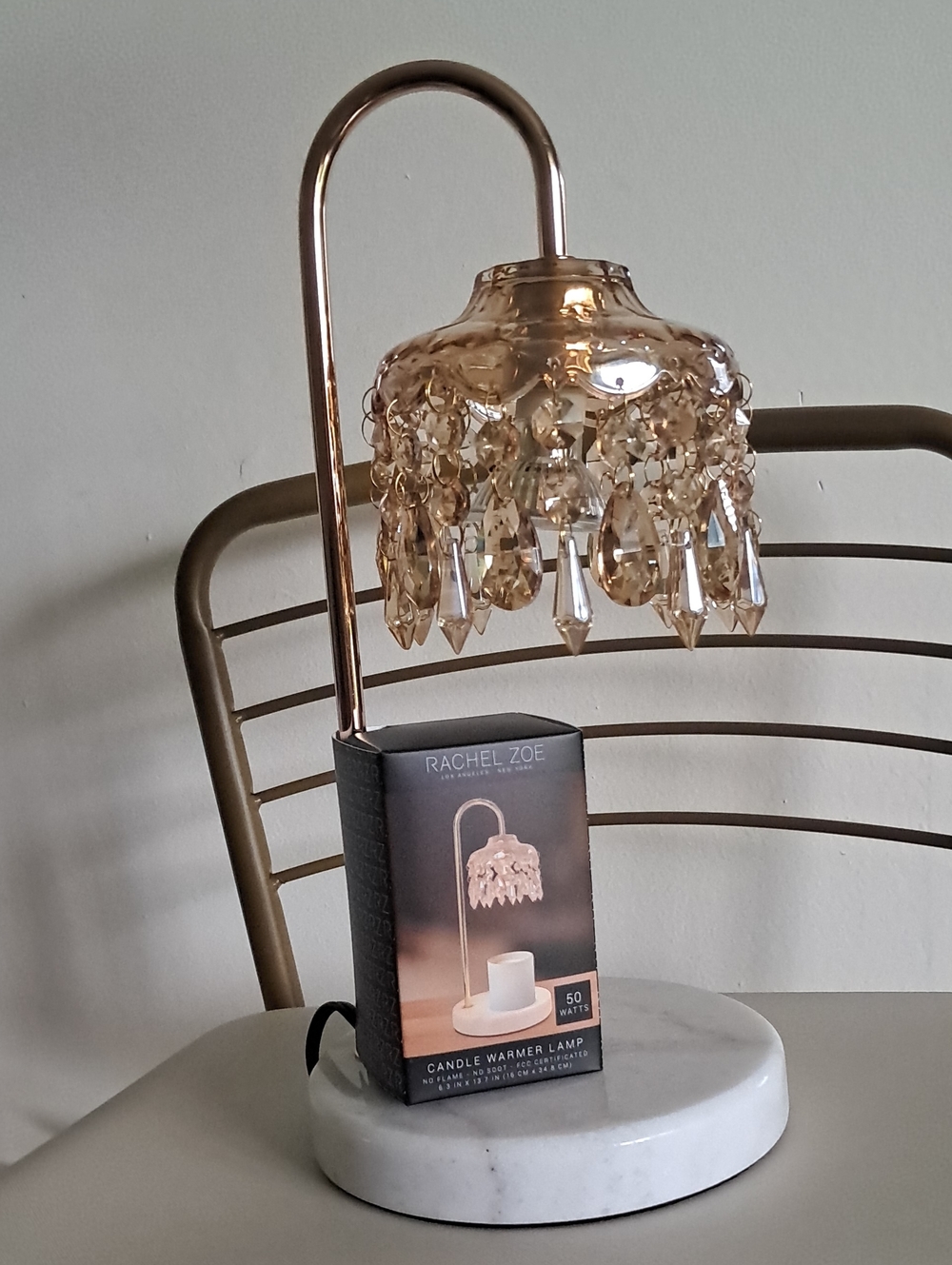 Rachel Zoe Rose Gold Crystal Teardrop Candle Warmer with White Marble Base